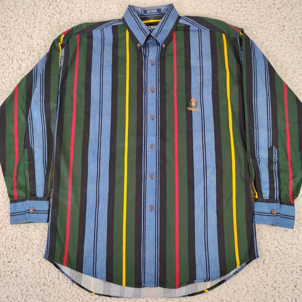 VTG Chaps Ralph Lauren Shirt Mens Medium Long Sleeve Button Striped Crest Logo